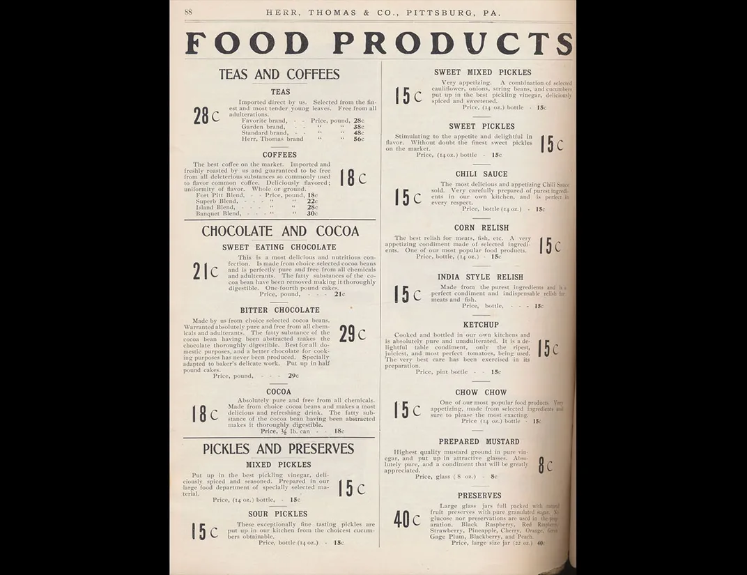 Catalog page describing various foods, including chocolate.