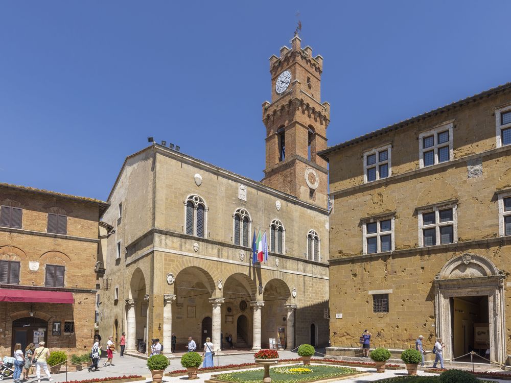 Historic city center and bell tower in Pienza