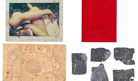 Composite image of four archival items: a photograph of a woman with her arms and legs crossed over each other, a red document with black text, a document with mineral samples and handwritten notations in ink, and an image of foil rubbings of a carpet.