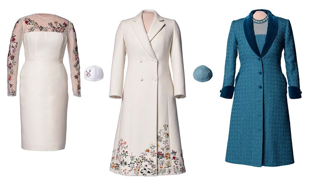 Gabriella Hearst's ivory dress and matching overcoat (left) and Alexandra O'Neill's ocean blue dress and overcoat