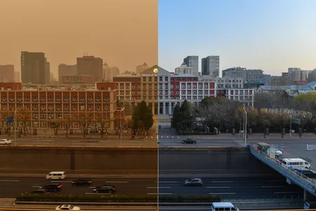Monday's dust storm left Beijing, China, in an orange haze (left). By Tuesday the air was much clearer (right).