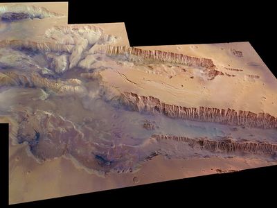 One of the Martian sites we can't yet visit: Valles Marineris as seen by Mars Express, with vertical relief exaggerated.