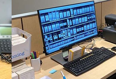 Color image of white erasers in blue and white sleeves in front of a green and white mug full of pencils with a phone and jar of pens in the background next to a color image of a computer and microfilm scanner with images of scans on the screen.