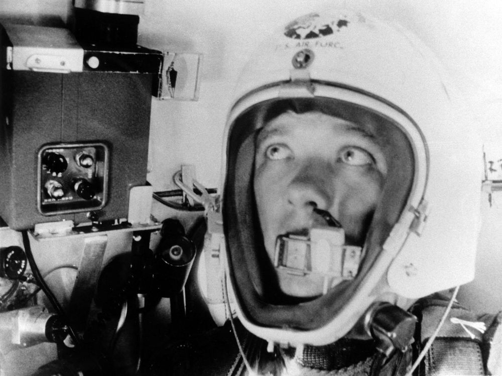 Self-photograph made by Maj. David Simons as he approached his record altitude in 1957.