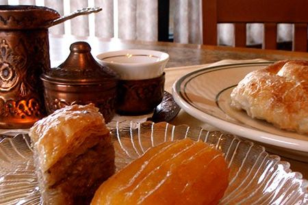 Baklava, a pastry called tulumba, Bosnian pita stuffed with potatoes, and Turkish coffee at Berix.