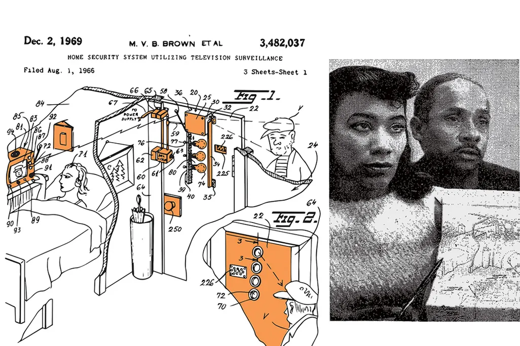 patent application for home-security system and an image of a woman and a man displaying the patent