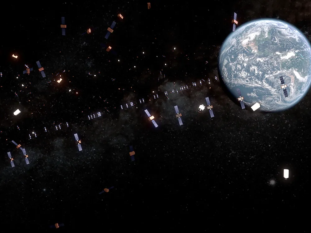 illustrated debris and satellites float through space, with Earth visible at the top right