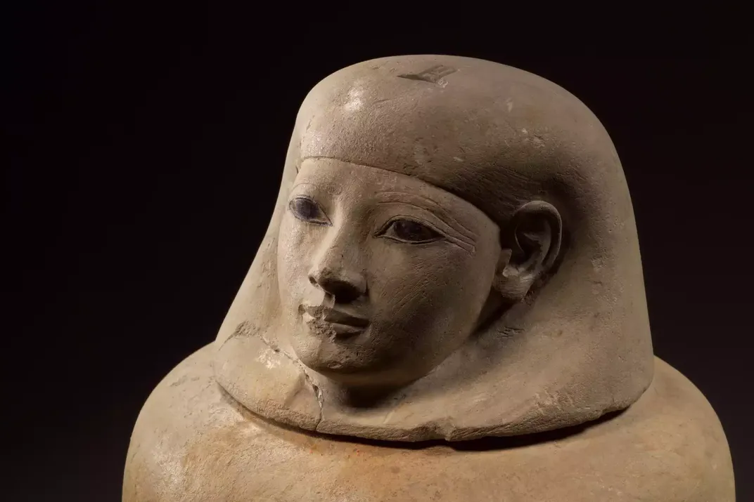 A limestone canopic jar that once held an organ of an Egyptian noblewoman named Senetnay