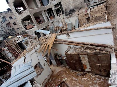 A general view shows damaged buildings in the Douma neighborhood of Damascus in Syria on February 24, 2015.

