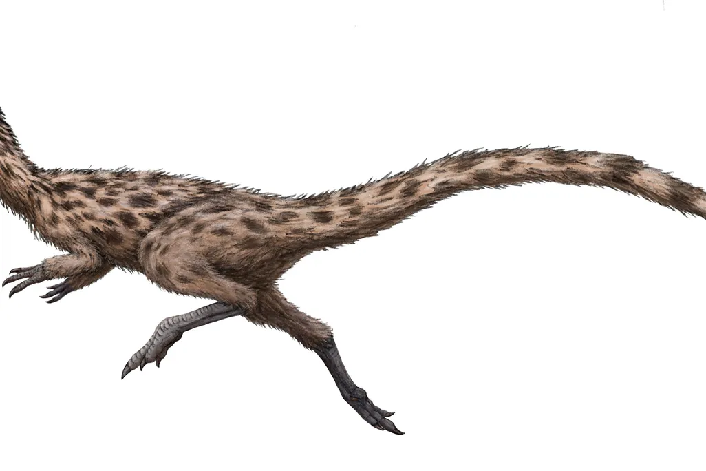 The image shows a light brown feathery dinosaur with dark brown spots. The dinosaur is shown in a sprinting pose against a white background