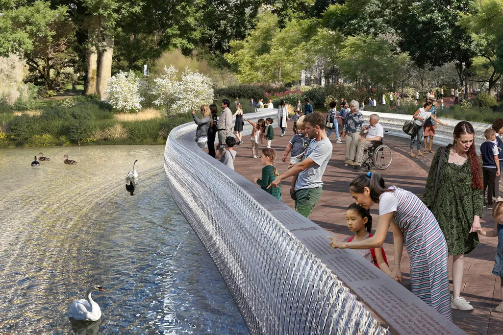 A Foster + Partners rendering of a bridge with a reinforced glass balustrade, evoking a tiara, which will be featured at Queen Elizabeth II's national memorial