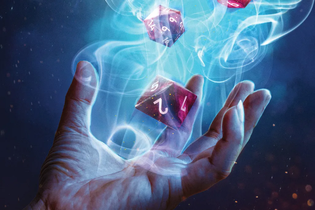 an illustration of dice floating above a hand.