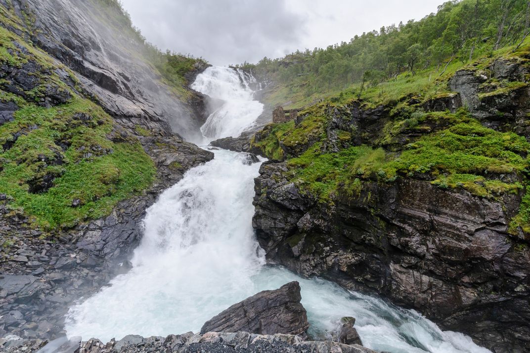 The Kjosfossen waterfall, along the Flam Railway route from Myrdal to Flam