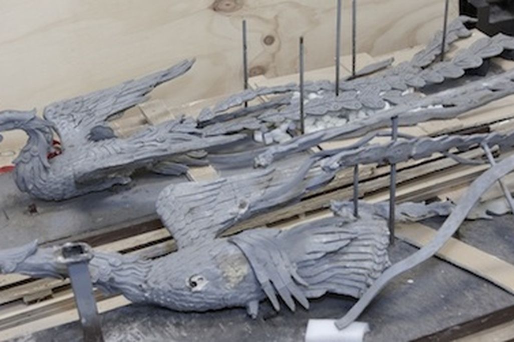 View of Xu Bing’s Phoneix models in transit.