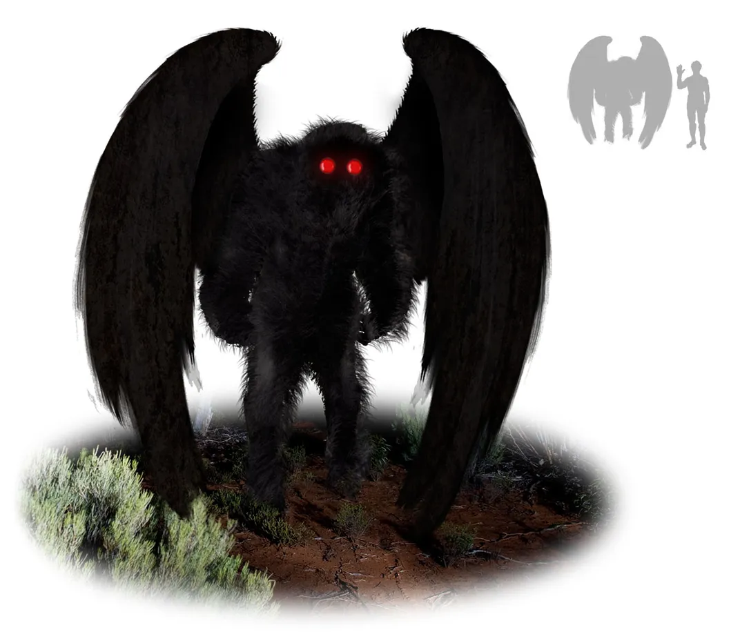 Digital drawing of a dark humanoid figure with large wings and glowing red eyes. In the top right corner in gray is the Mothman figure in comparison with an adult human, showing the human to be slightly smaller in scale.