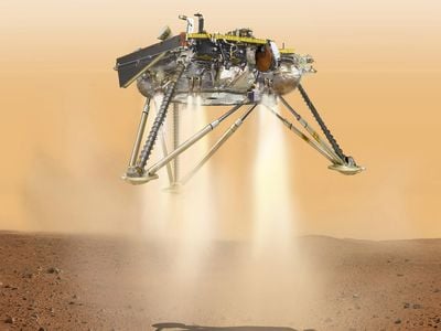 Illustration of NASA's InSight lander about to land on the surface of Mars.