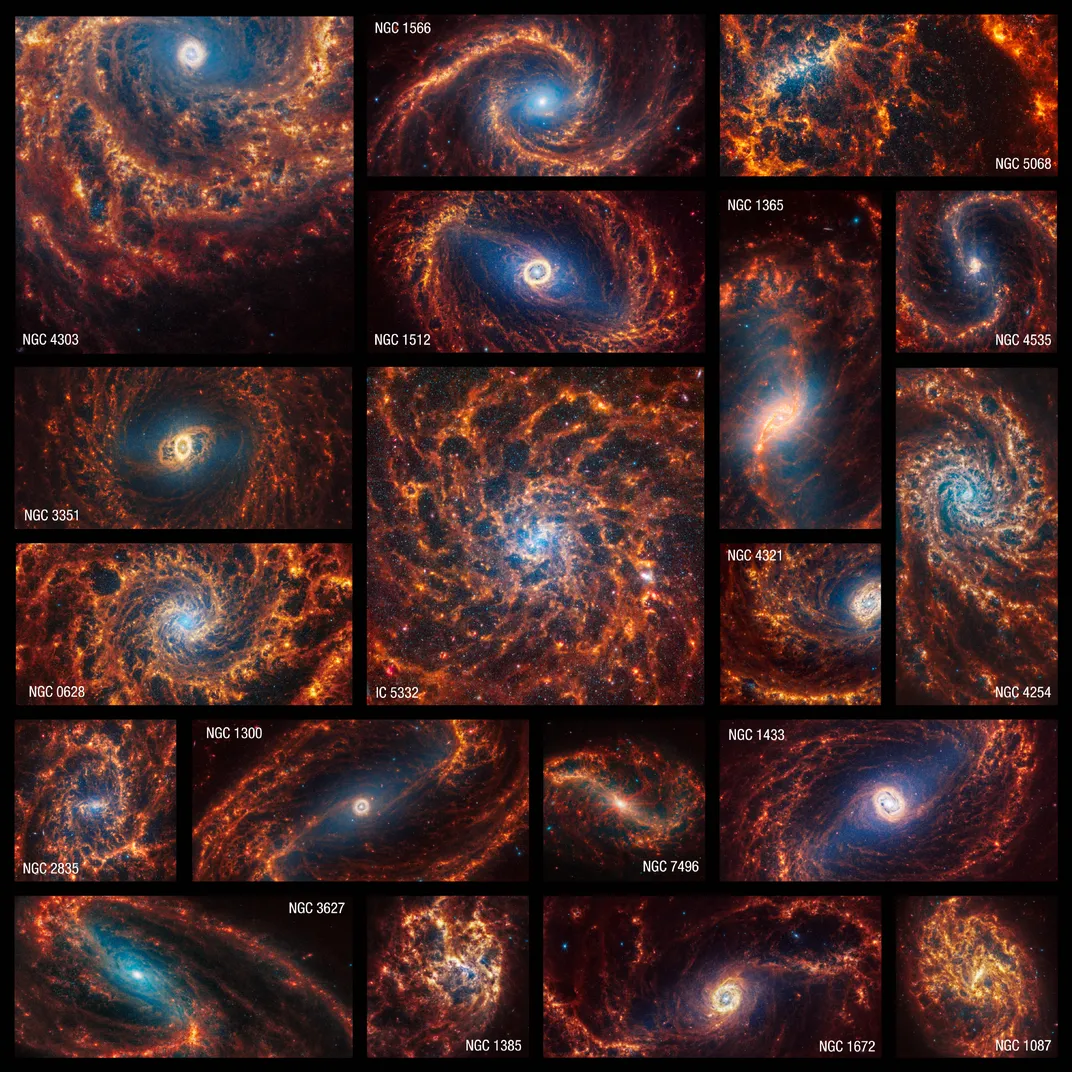 Images of 19 different spiral galaxies in 19 different boxes with thin black borders