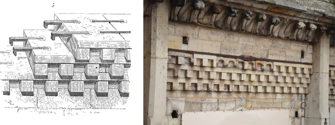 Illustration of iron staples holding stones together next to photo of stone cathedral wall