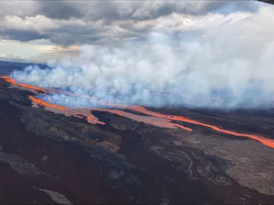 An aerial photo taken at 7:15 a.m. Hawaii Standard Time on Monday shows the northeast rift zone eruption of Mauna Loa.&nbsp;