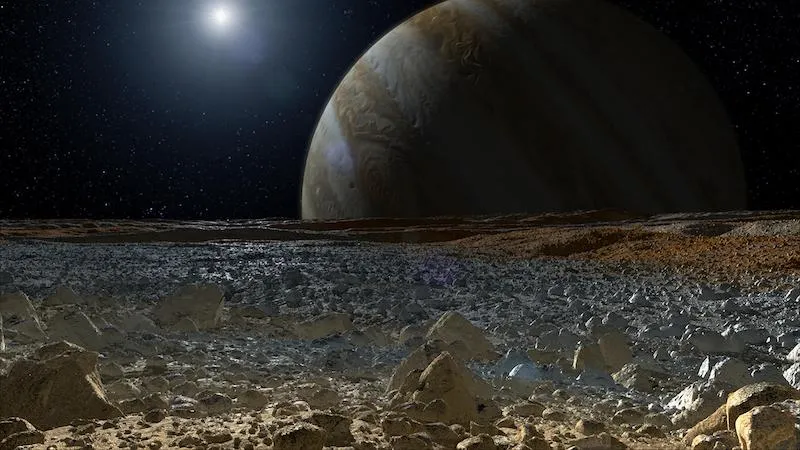 Surface of Europa with Jupiter in background