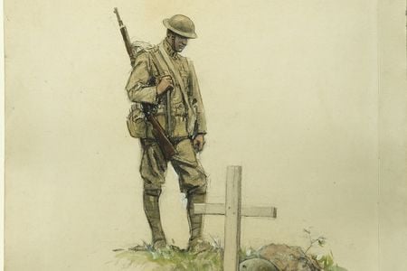 William James Aylward depicted a soldier looking down at the grave of his bunk mate in His Bunkie..