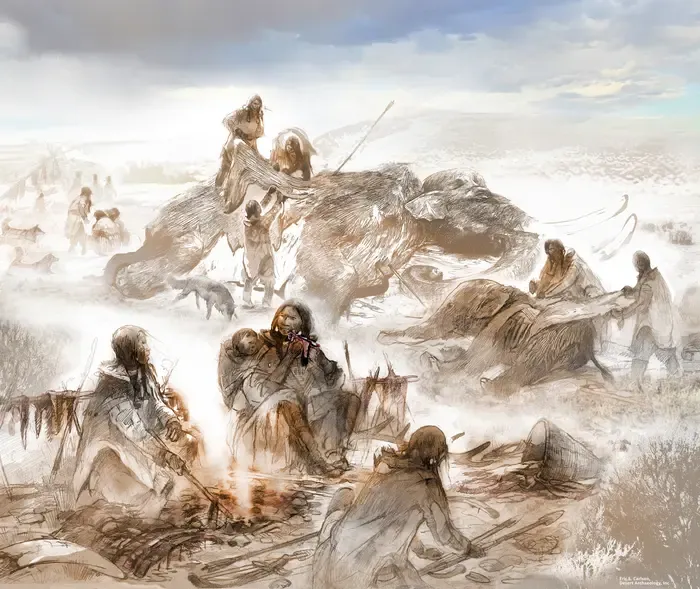 illustration of people butchering and eating mammoth meat