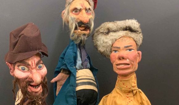 Three of Yosl Cutler’s surviving puppets: two Jewish characters and one Russian. These were constructed circa 1933. (Photo courtesy of the Archives of the YIVO Institute for Jewish Research)