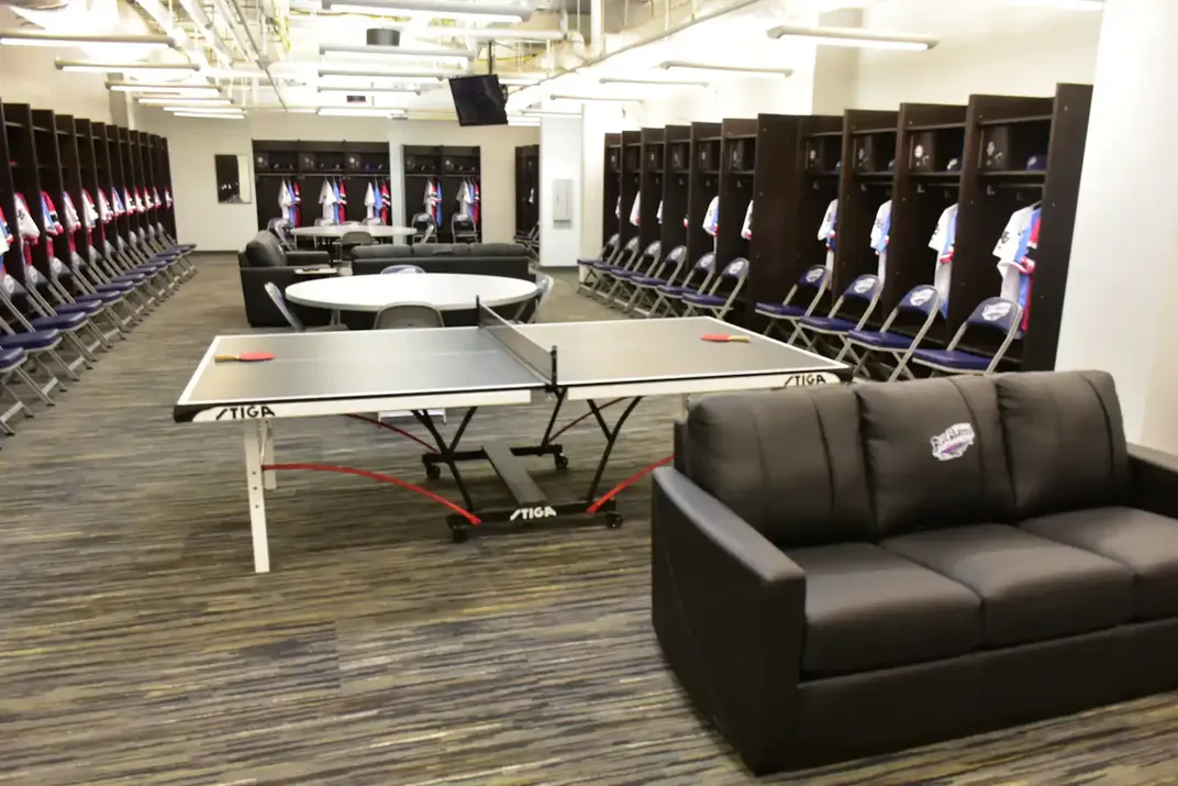 Clubhouse with ping pong table and lockers in the background