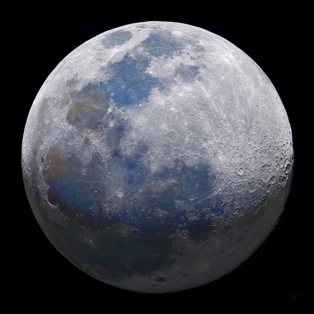the full sphere of the moon, with craters and darker colored areas visible