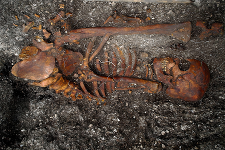 A 2,000-year-old human skeleton found at the Jabuticabeira II burial site in Brazil.