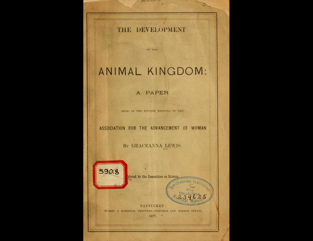 Plain paper cover of "The Development of the Animal Kingdom" by Graceanna Lewis. 