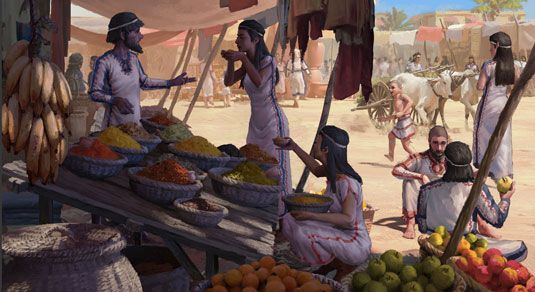 Bronze Age market scene at the Levant. Illustration: Nikola Nevenov