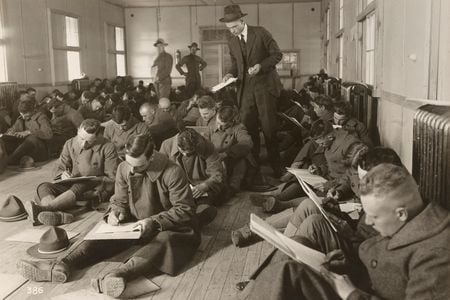 Soldiers take a psychological test (the exact type of examination is unclear) in Camp Lee in Virginia in November 1917, the year the United States entered World War I and  Woodworth first developed his test.
