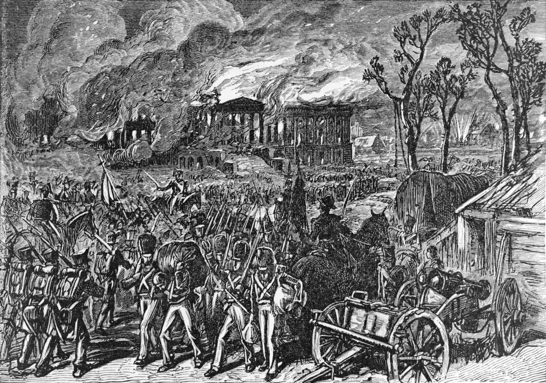 An engraving of the capture and burning of Washington, D.C. by the British in 1814, during the War of 1812