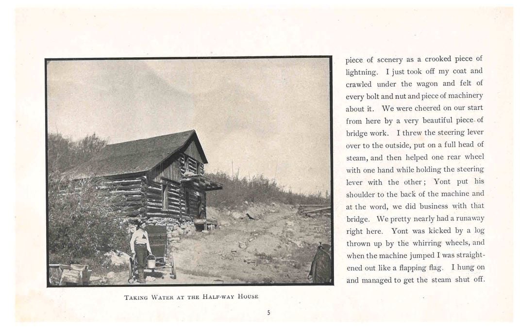 Trade catalog with photography of log hut. Next to the hut is a road and a man standing with a locomobile.
