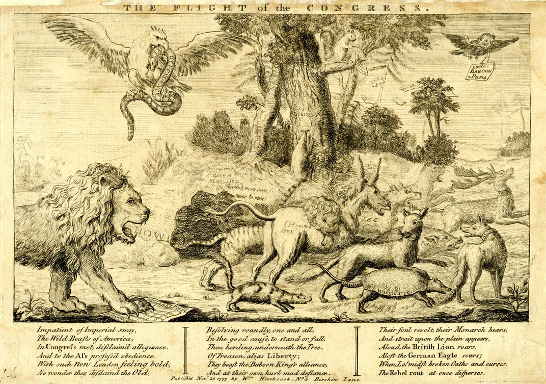 A 1777 political cartoon depicting General William Howe, as a lion, chasing American leaders in the guise of animals as they flee from the approaching British Army