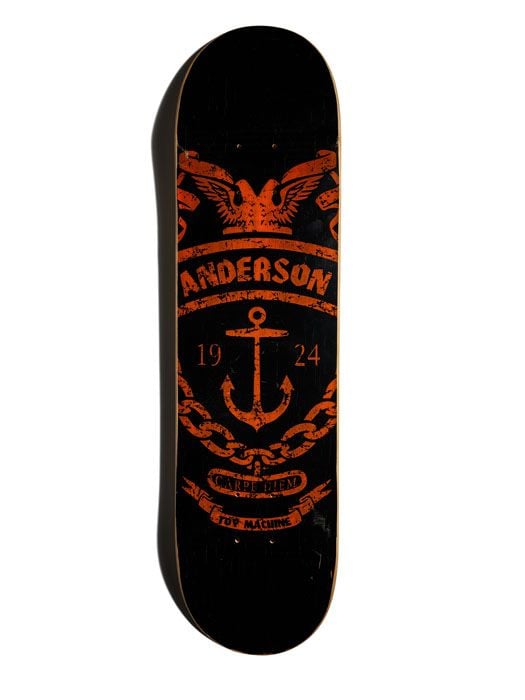 Black skateboard deck with red monogram and image of anchor and chain