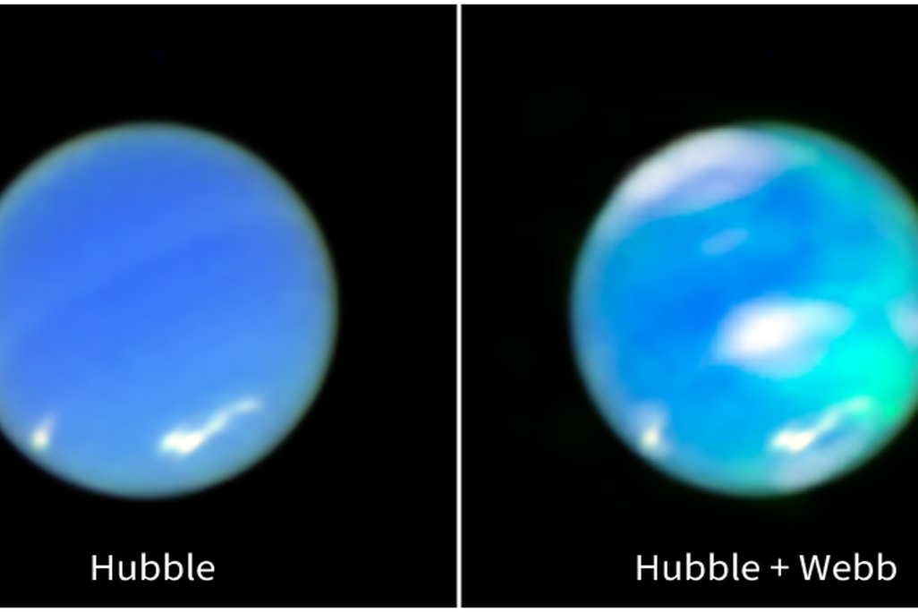 side-by-side images of Neptune, with the one at the right showing splotches of cyan (auroras) and white clouds