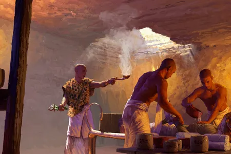 An artistic illustration of Egyptian embalmers in the underground embalming workshop at Saqqara