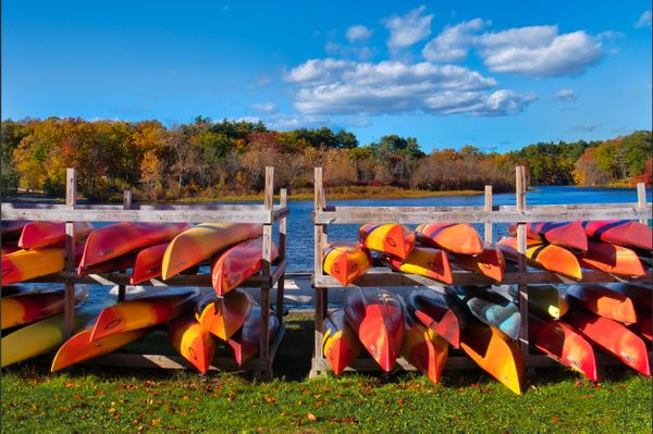 Kayaks on the Rack, Waiting for Summer at Norumbega Park in Newton, MA thumbnail