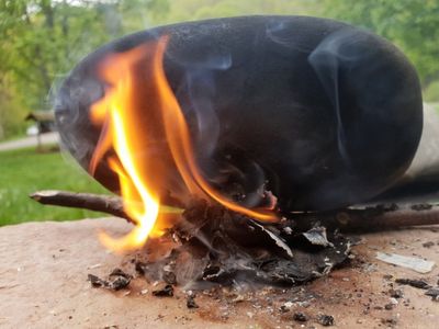 Burning birch bark to produce sticky tar.