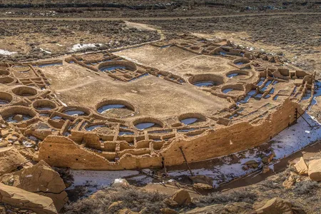 Pueblo Bonito, a massive stone great house in Chaco Canyon in New Mexico