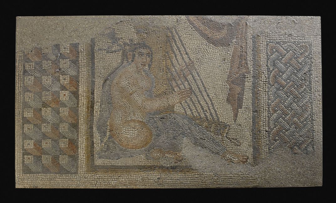 Sasanian mosaic featuring a woman musician, dated to about 260 C.E.