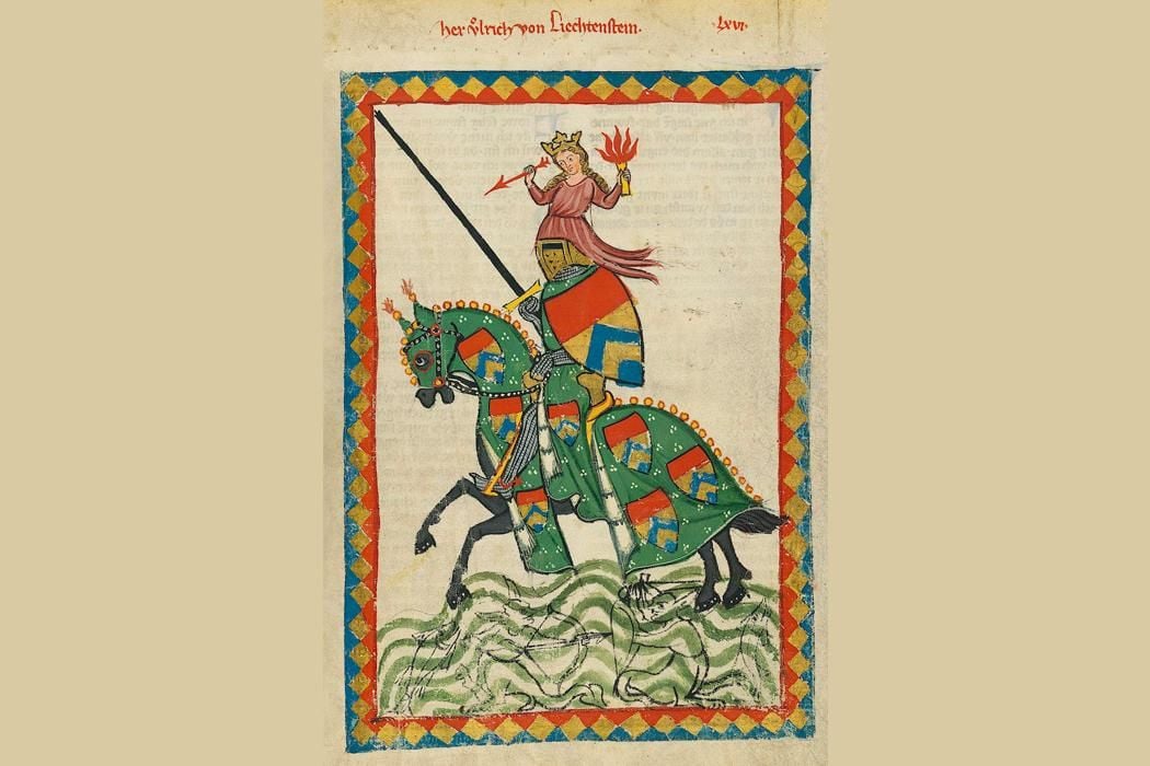 Depiction of medieval knight Ulrich von Liechtenstein, who wrote an autobiographical poem about his jousting adventures