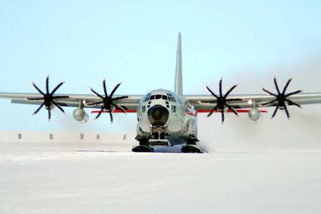 An LC-130 Hercules takes off as part of Operation Deep Freeze Feb. 2, 2010 in Antarctica. (Courtesy photo)