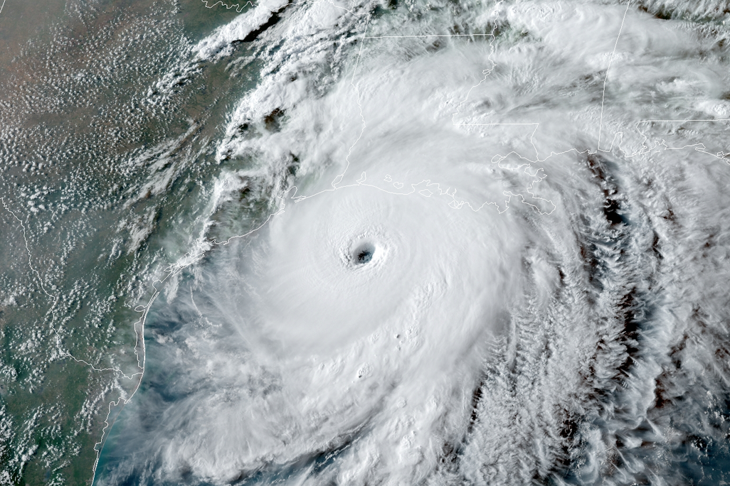 A satellite image shows hurricane Laura approaching Texas 