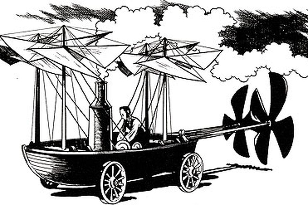 From contemporary news articles and earlier hints from Sir George Cayley, a cartoonist created this depiction of what the 1834 mystery craft could look like.