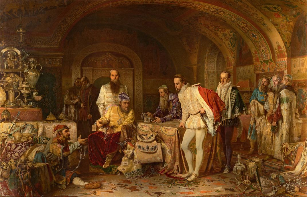 A 19th-century painting of Ivan showing his treasury to English ambassador Jerome Horsey