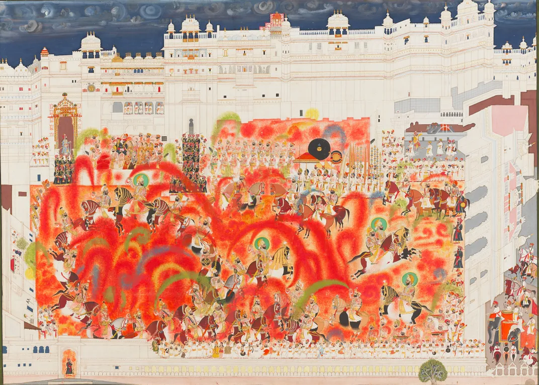 Maharana Swarup Singh and courtiers playing Holi at the City Palace