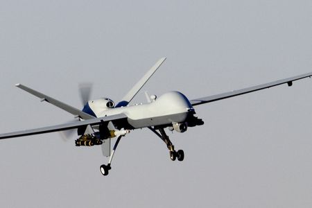 An Air Force MQ-9 Reaper comes in for a landing after a mission over Afghanistan.